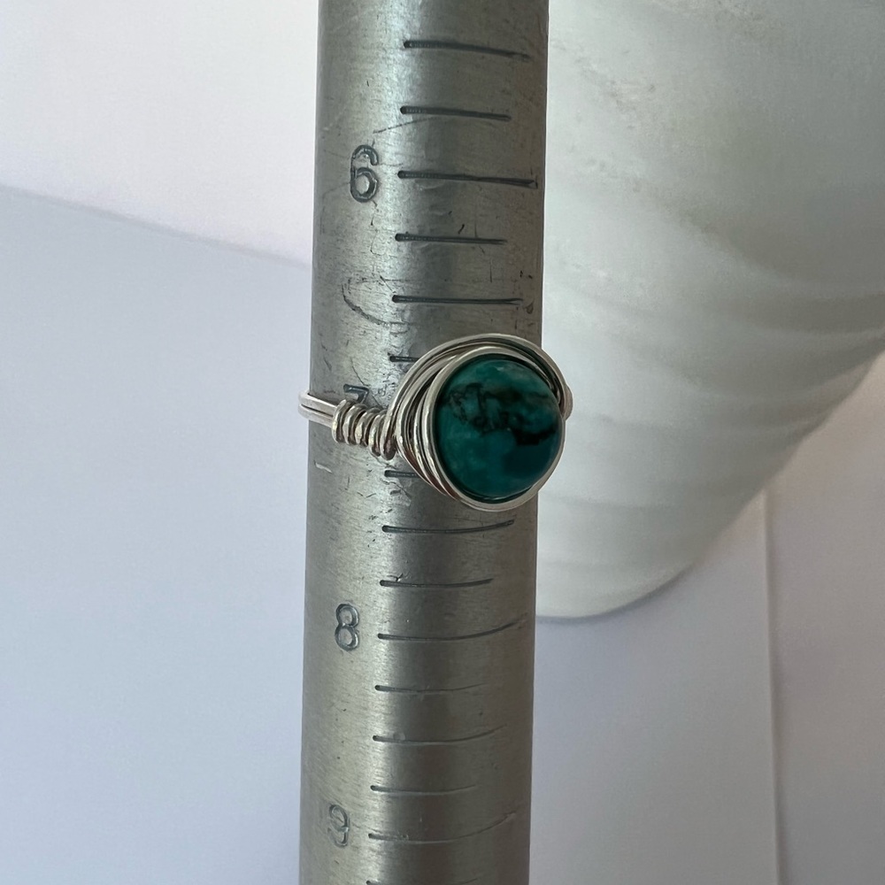 Cyan Blue Turquoise Sterling Silver Wire Wrap Ring - Picture 5 of 12